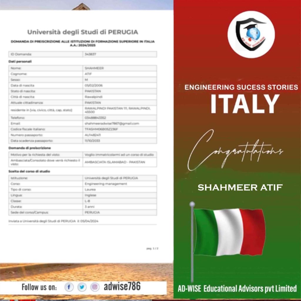 AD-WISE Consultants | Italy Success Stories, Shahmeer Atif